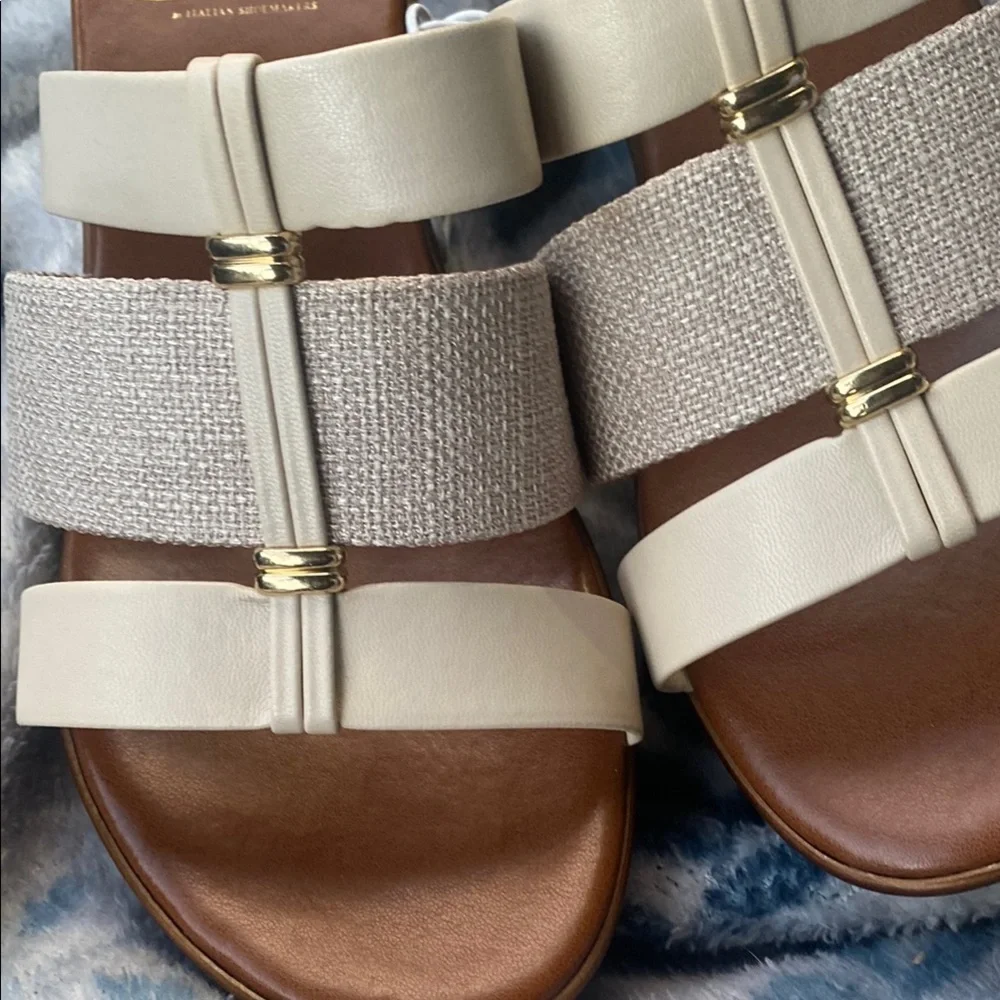 Cream Triple-Strap Italian Size 6.5W Sandals w/Textured Fabric Summer Fall